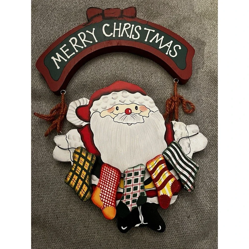 Christmas Wood Wall Door Hanging Sign vintage 1990s merry santa stockings 16